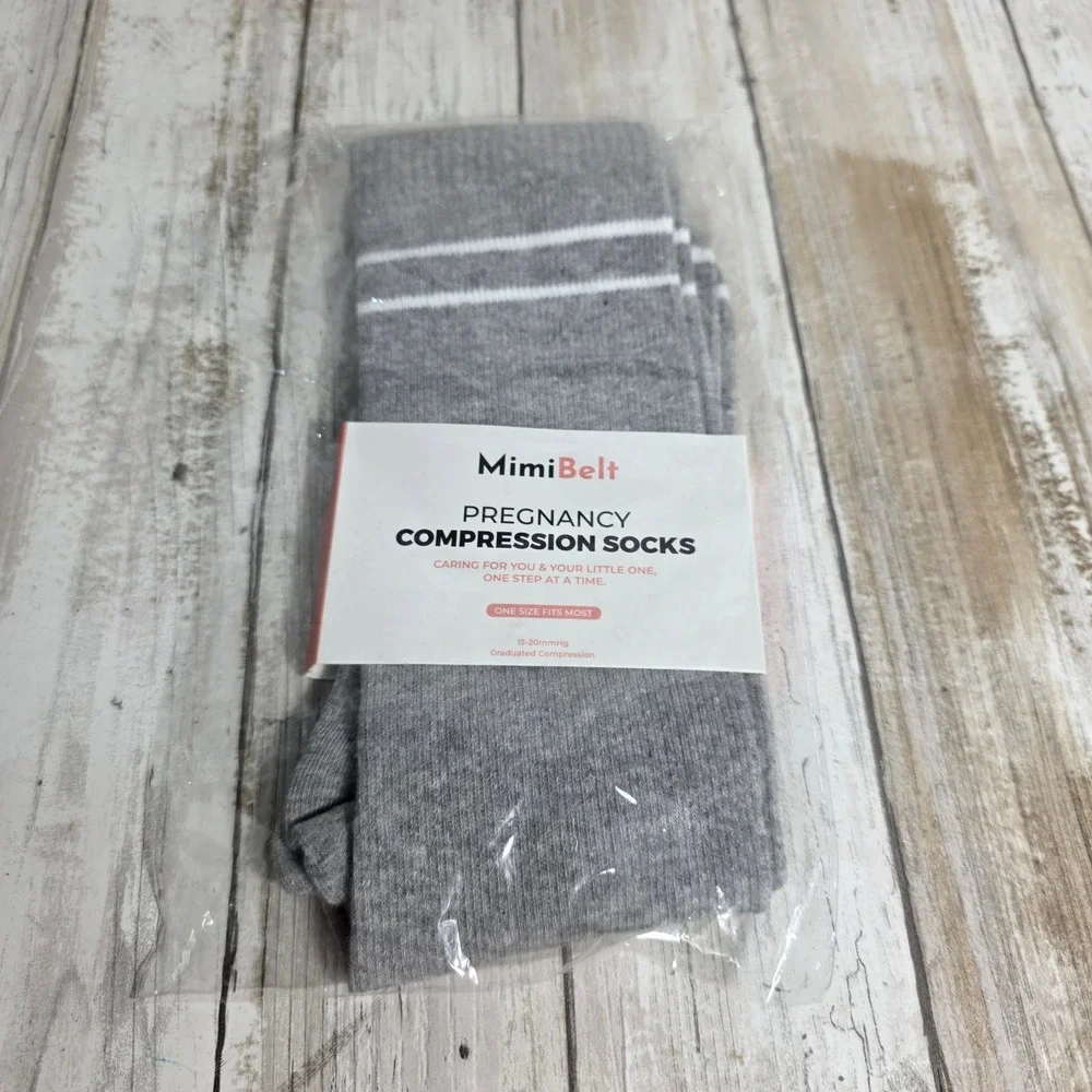 MimiBelt Pregnancy Compression Socks Gray White Stripe 15-20mmHg One Size NEW